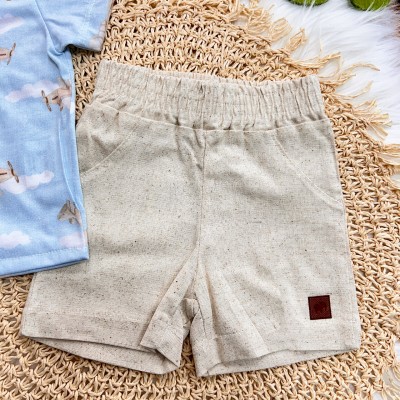 Conj. Camisa Aviões e Bermuda em Linho - Azul Claro e Areia